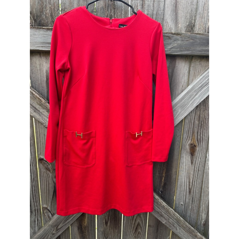 Halston Womens Red Long Sleeve Shift Dress Gold H Hardware Pockets Size 4